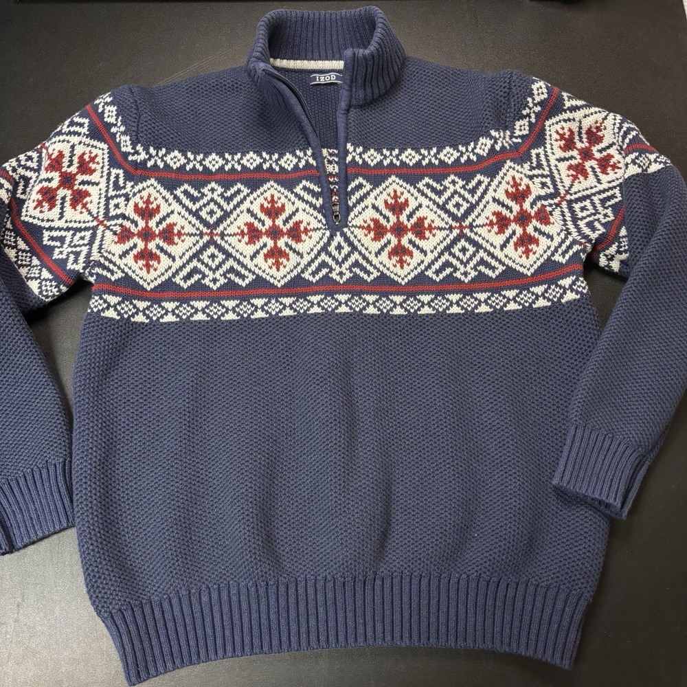 Izod Fair Isle Sweater 1/4‎ Zip Men's Size XL Cotton And Acrylic Heavy Knit